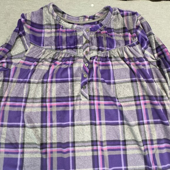 Aria Collection Purple Gray Plaid Long-Sleeve Nightgown Size L Soft PJs Pockets - Picture 6 of 16